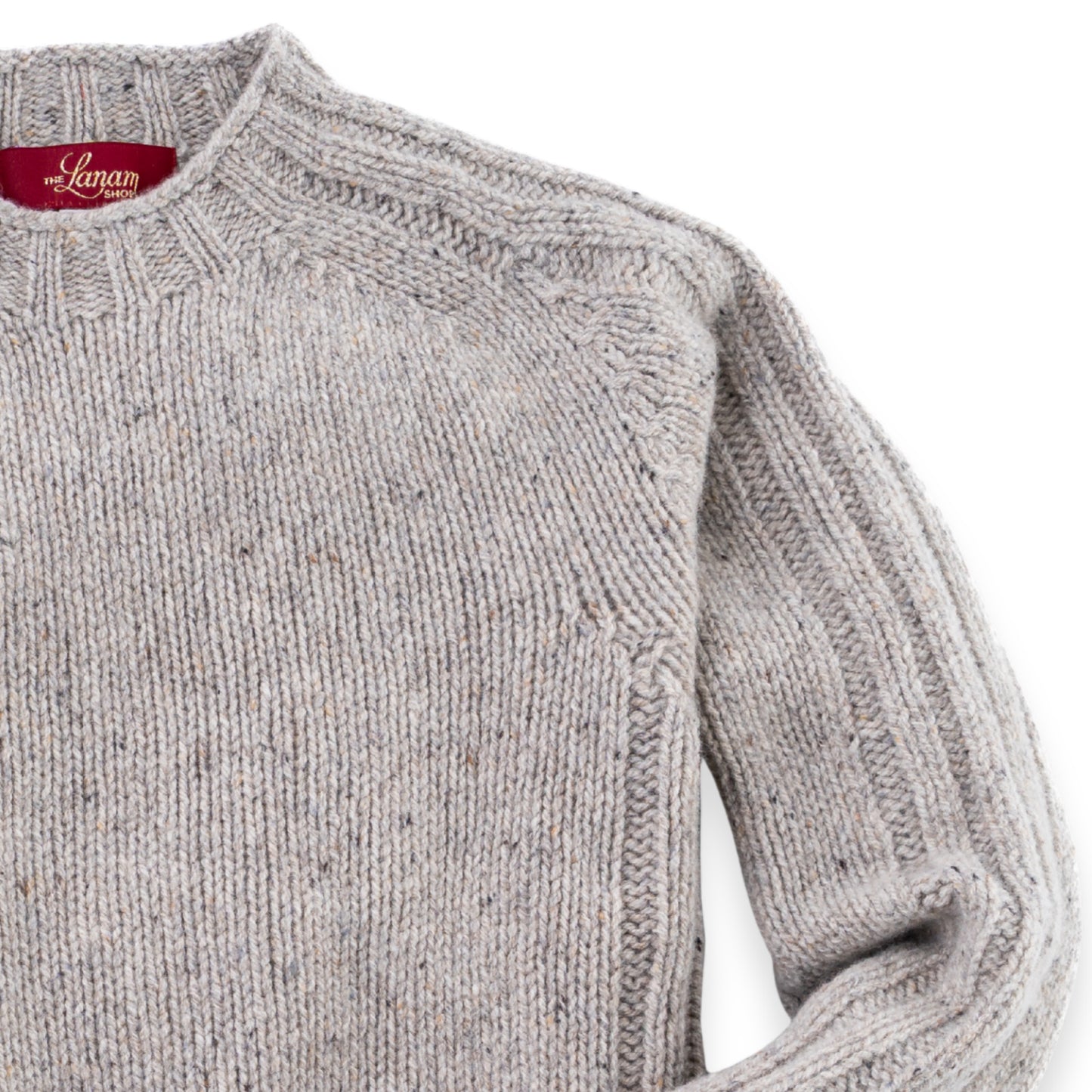 Men's Donegal Lambswool Crew Neck Sweater with Rib Knit Detail | Silver Beige Donegal
