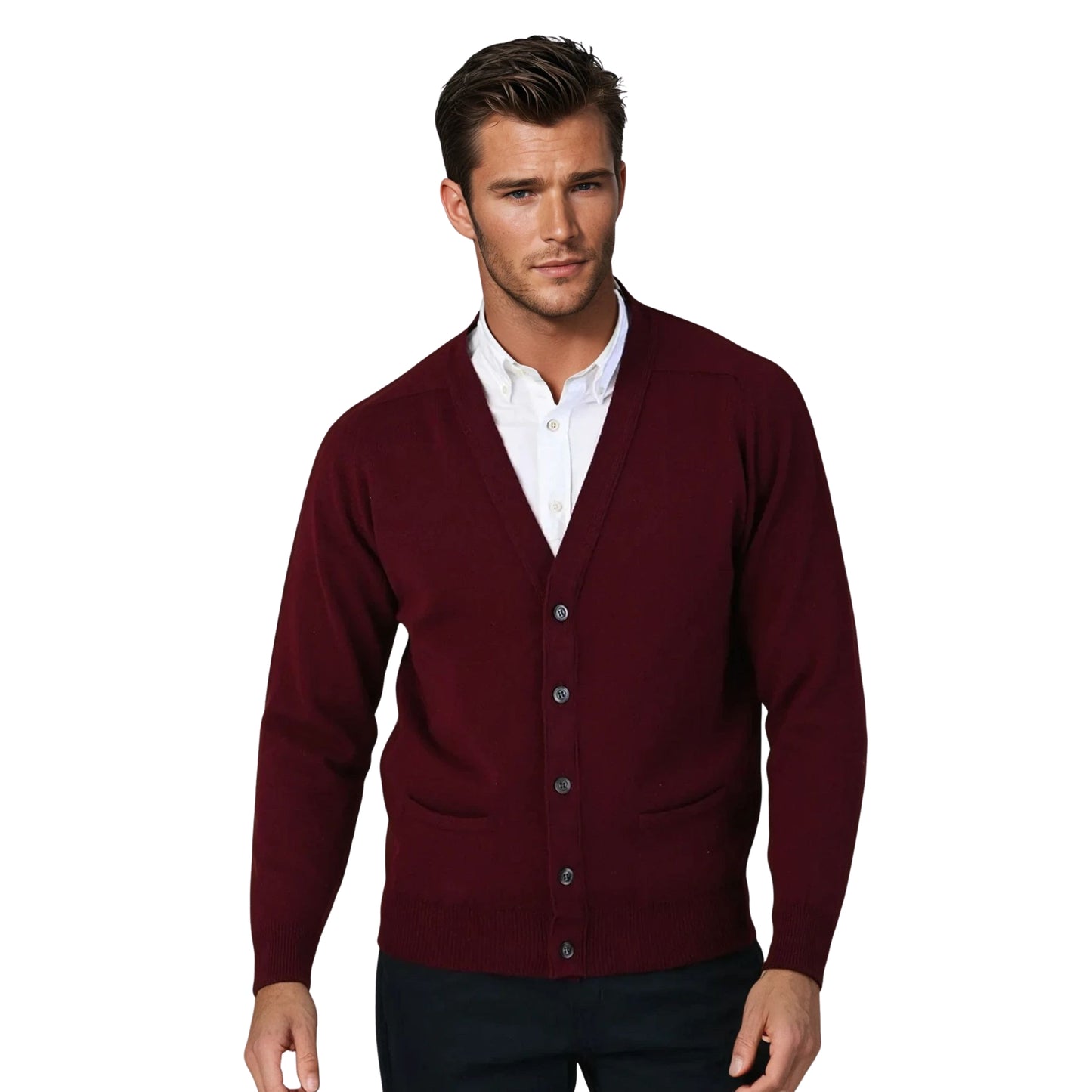 Men's Lambswool Cardigan With Saddle Shoulder | Bordeaux