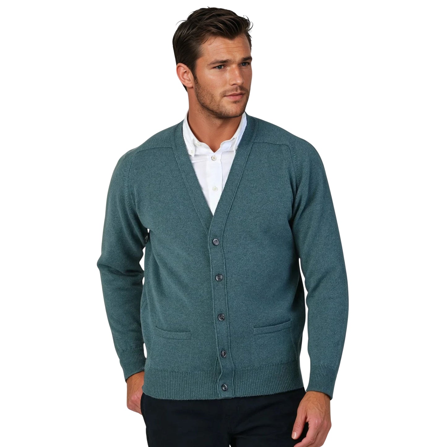Men's Lambswool Cardigan With Saddle Shoulder | Caspian Blue
