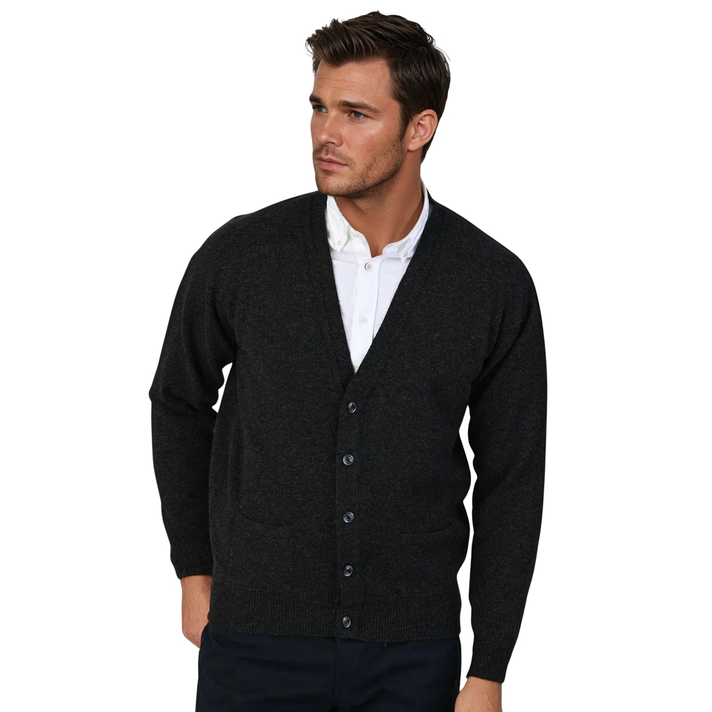 Men's Lambswool Cardigan With Saddle Shoulder | Charcoal Grey