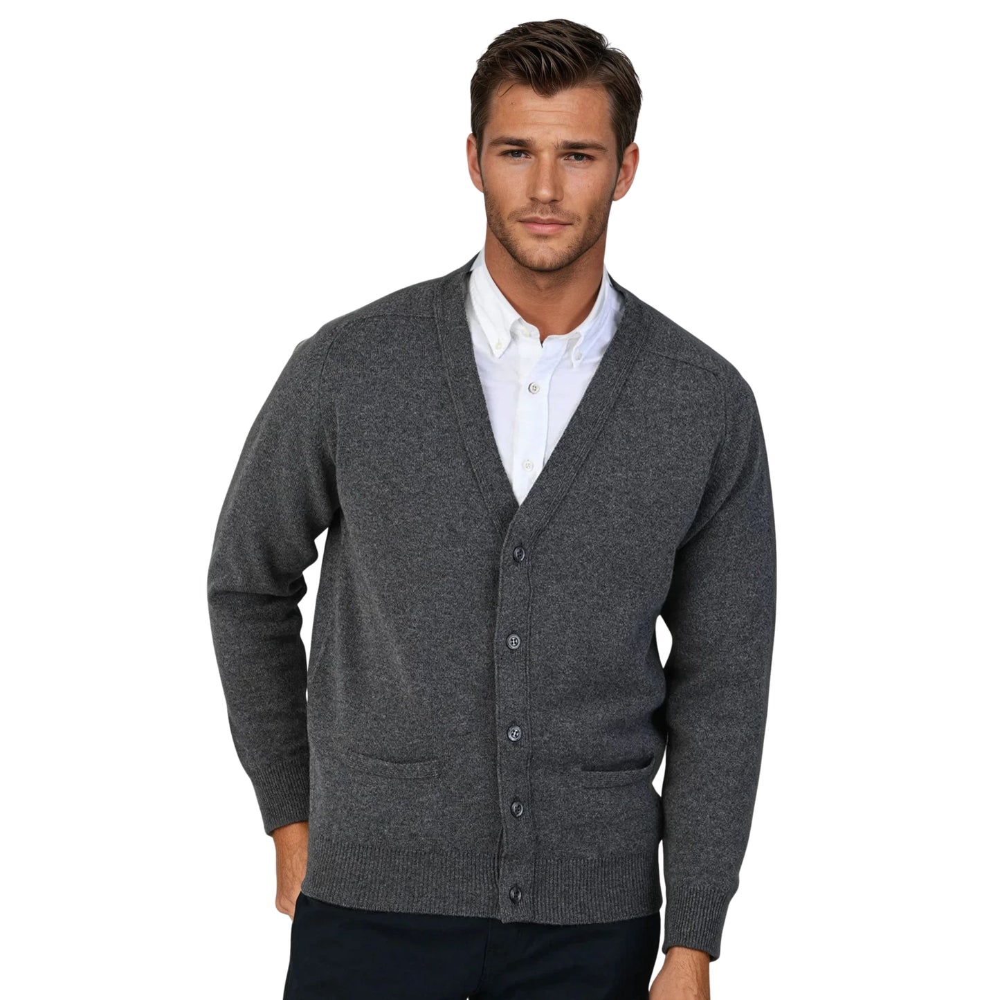 Men's Lambswool Cardigan With Saddle Shoulder | Cliff Grey