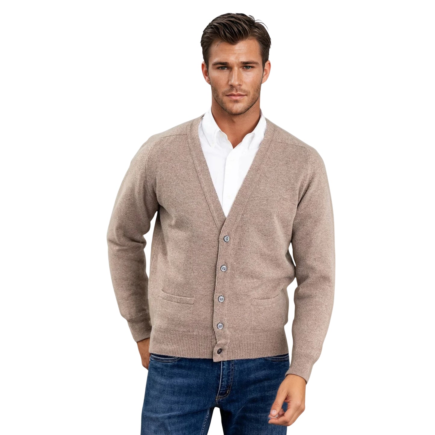 Men's Lambswool Cardigan With Saddle Shoulder | Colt Beige