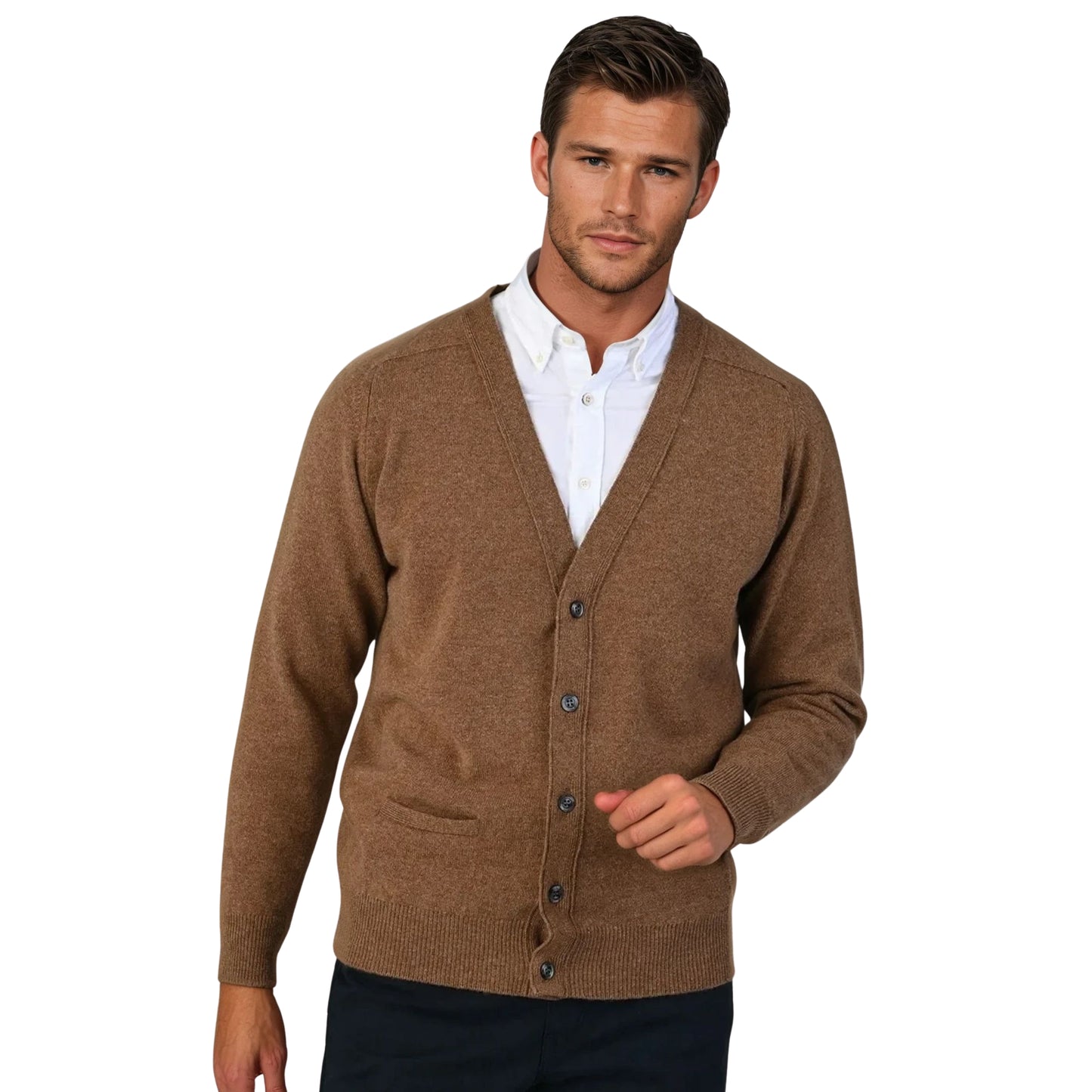 Men's Lambswool Cardigan With Saddle Shoulder | Driftwood Beige