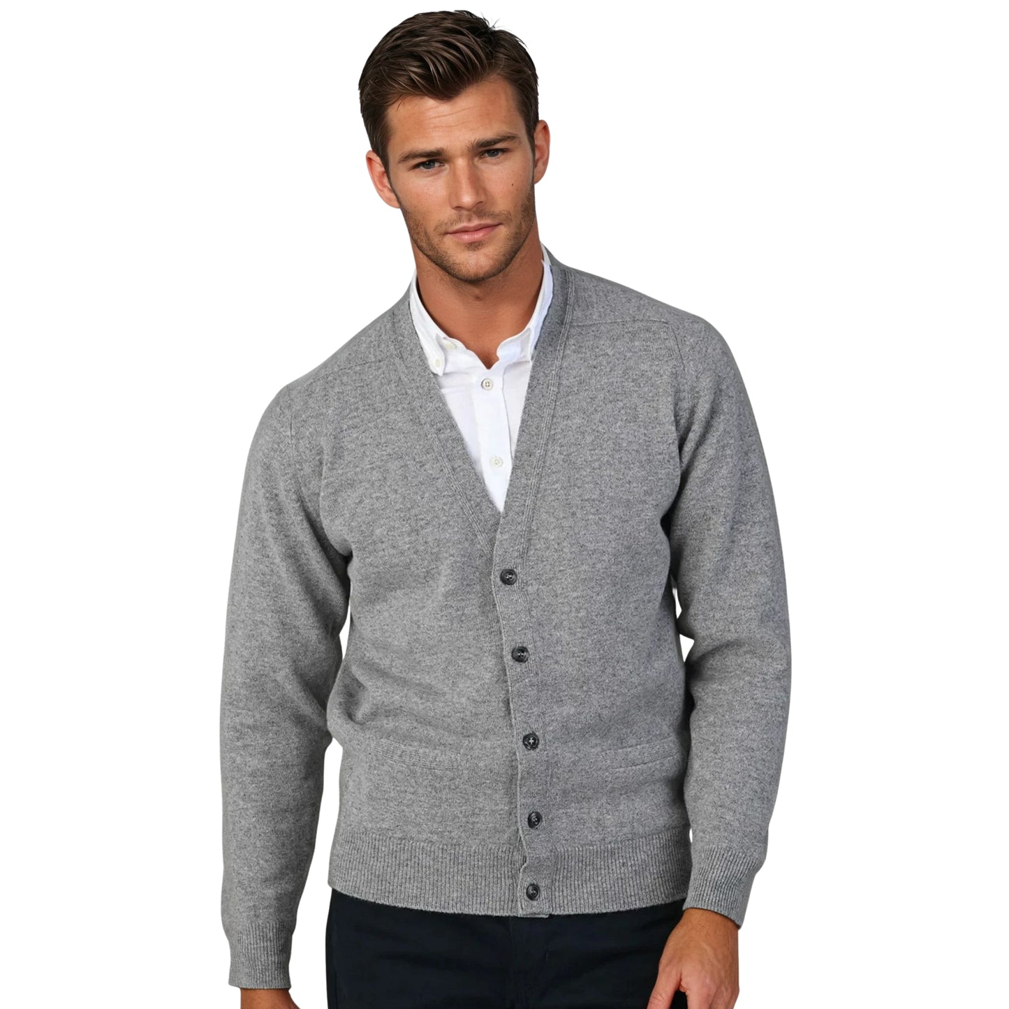 Men's Lambswool Cardigan With Saddle Shoulder | Flannel Grey