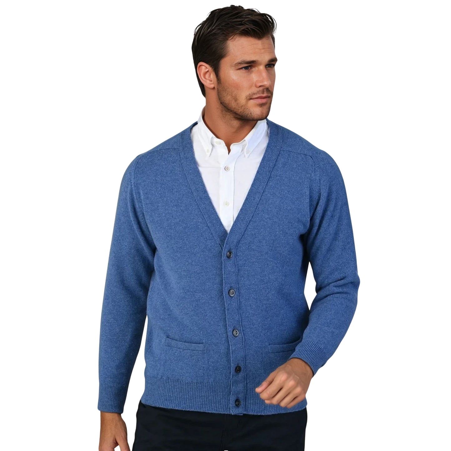 Men's Lambswool Cardigan With Saddle Shoulder | Jeans Blue