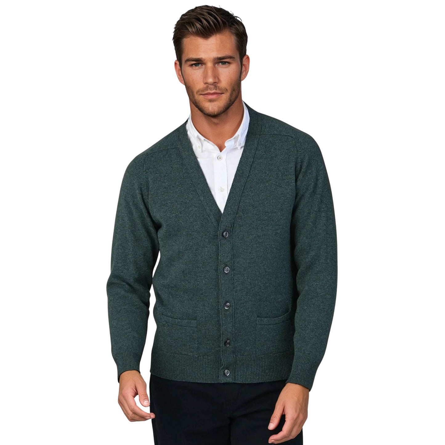 Men's Lambswool Cardigan With Saddle Shoulder | Moorland Green