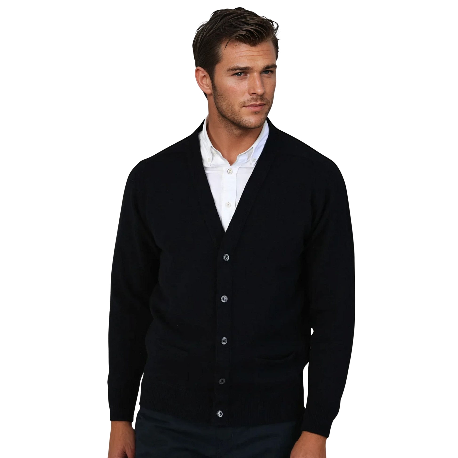 Men's Lambswool Cardigan With Saddle Shoulder | Navy Green
