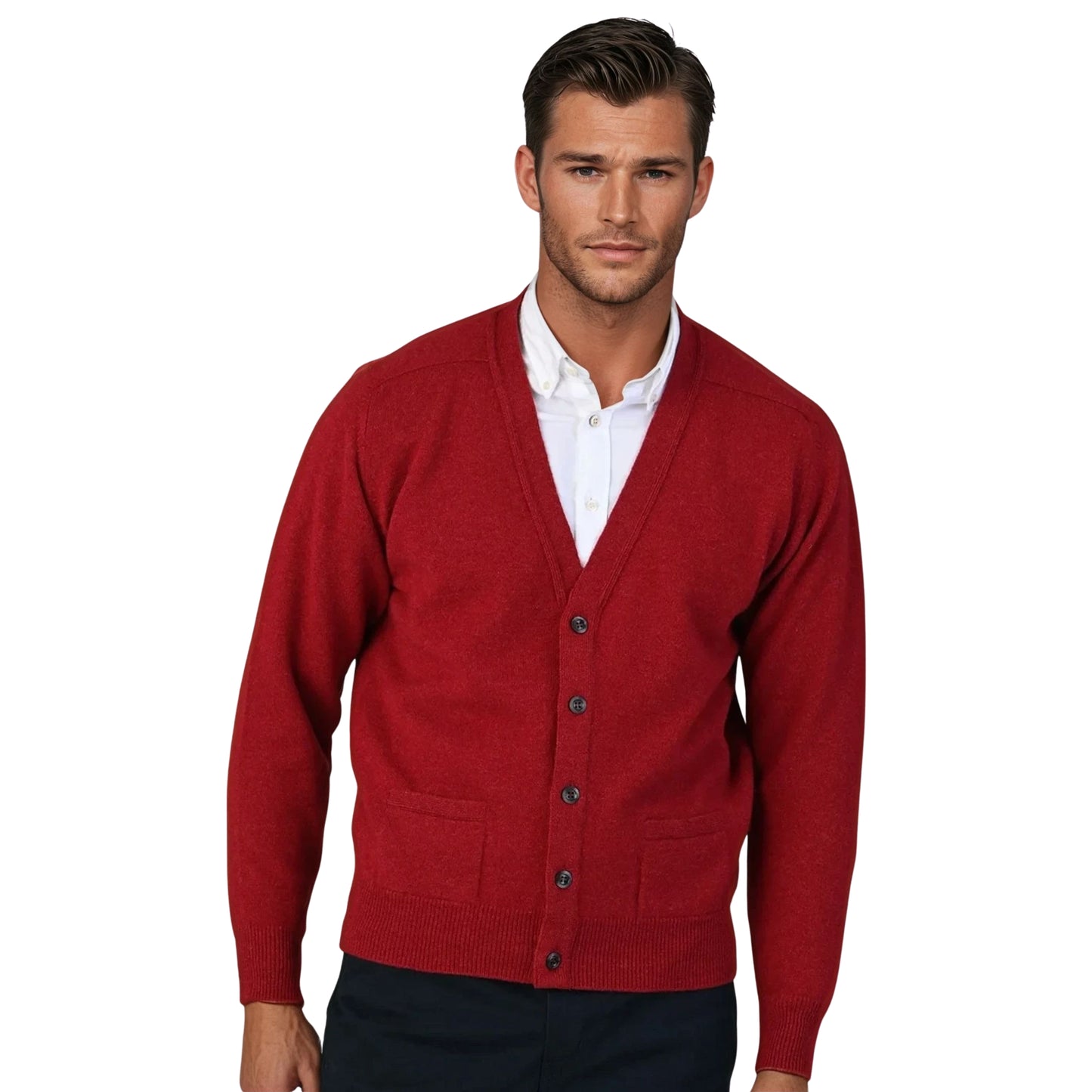 Men's Lambswool Cardigan With Saddle Shoulder | Poppy Melange Red