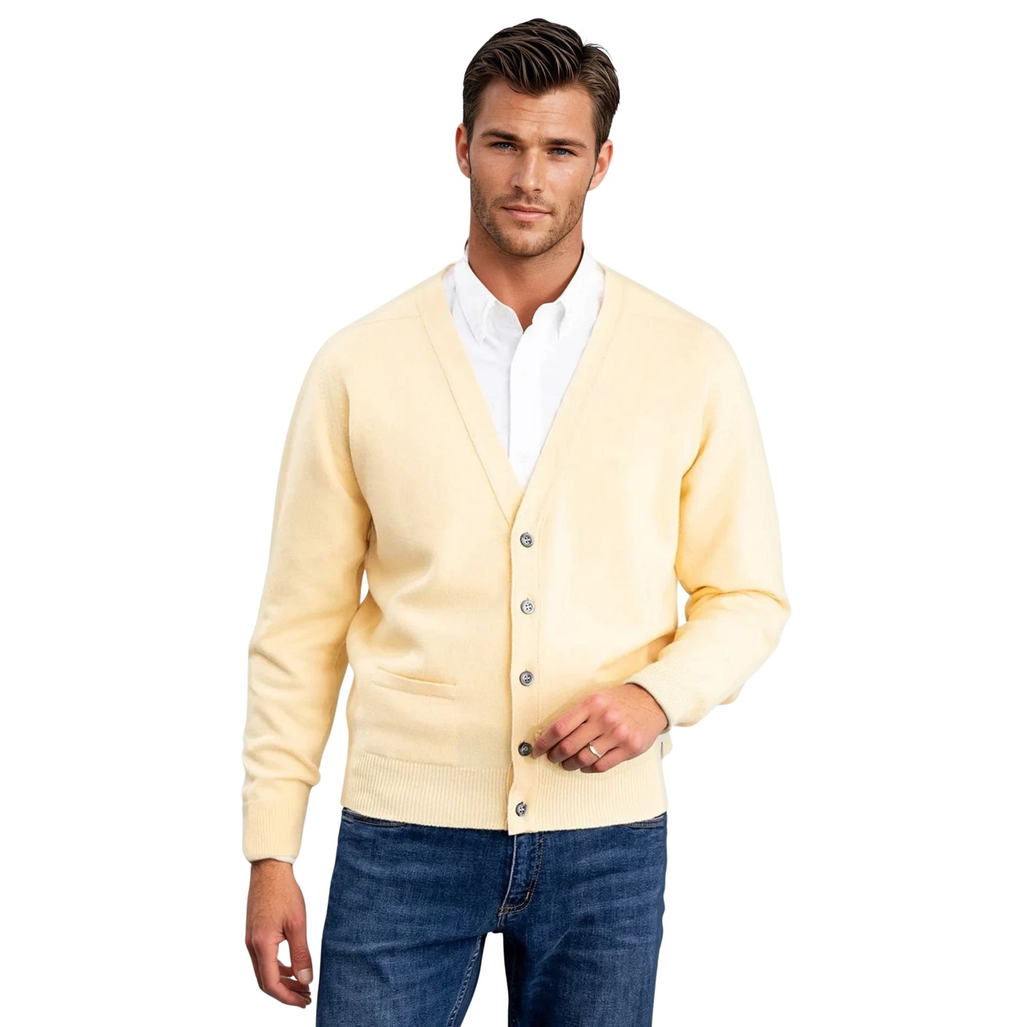 Men's Lambswool Cardigan With Saddle Shoulder | Solar Yellow