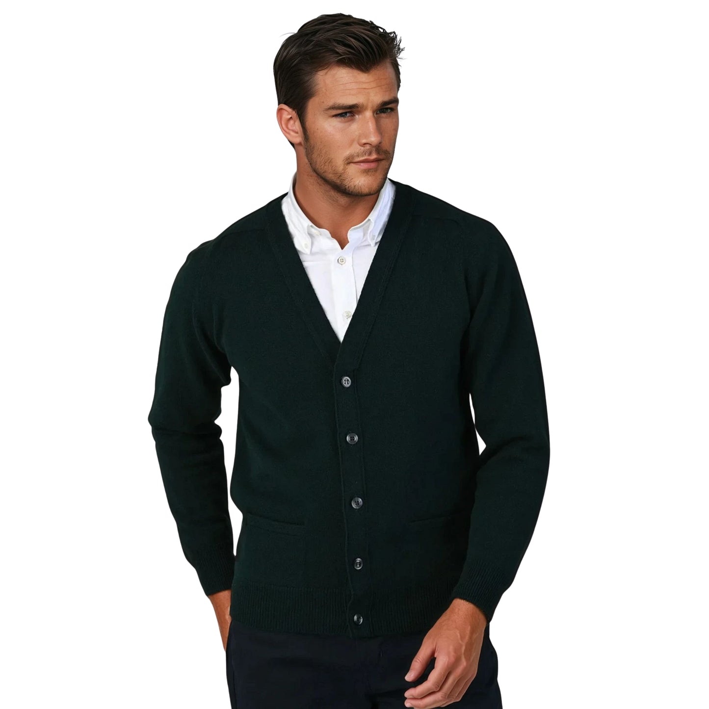 Men's Lambswool Cardigan With Saddle Shoulder | Tartan Green