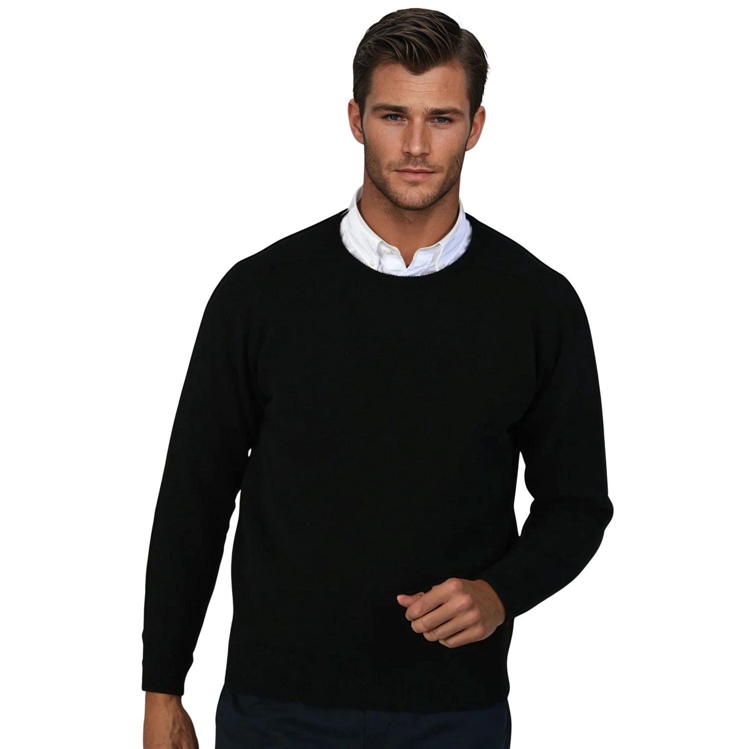Men's Geelong LambswoolCrew Neck Sweater With Saddle Shoulder | Black