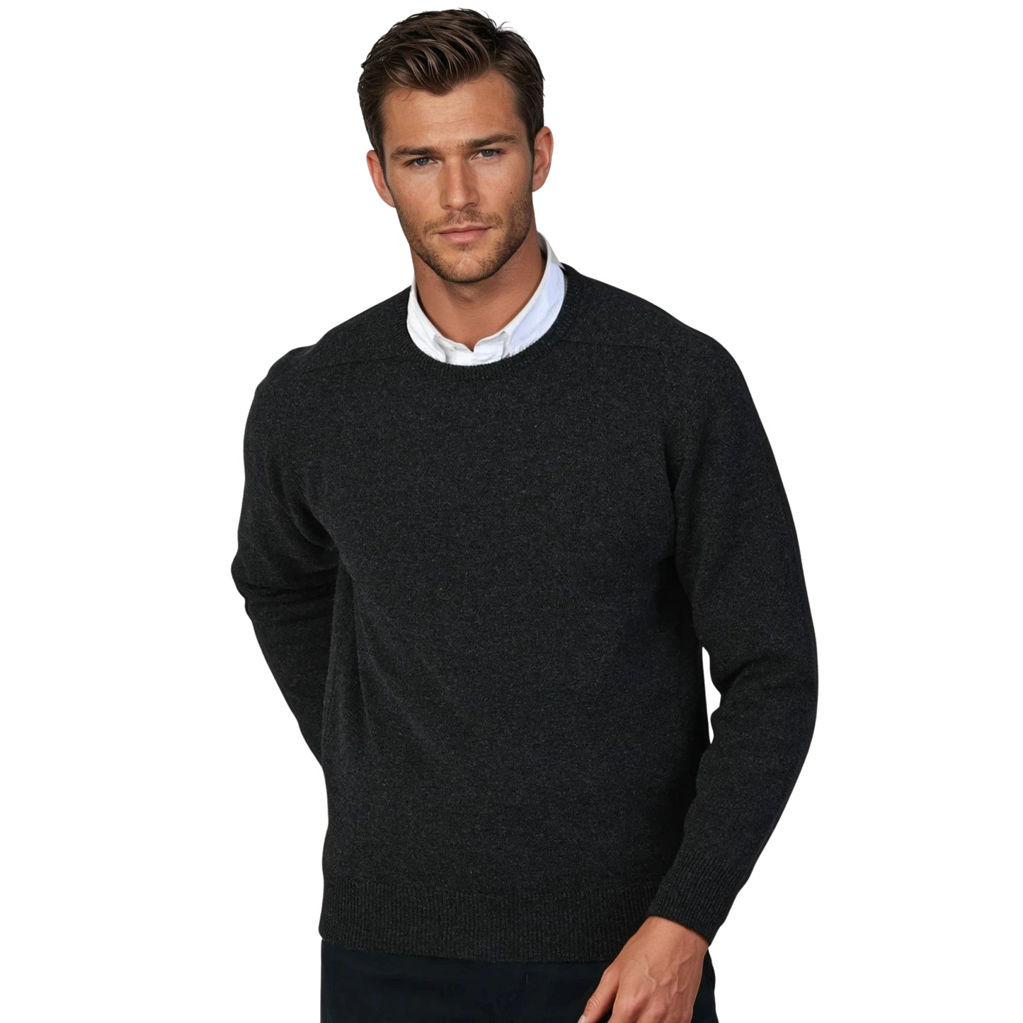 Men's Geelong LambswoolCrew Neck Sweater With Saddle Shoulder | Charcoal Grey