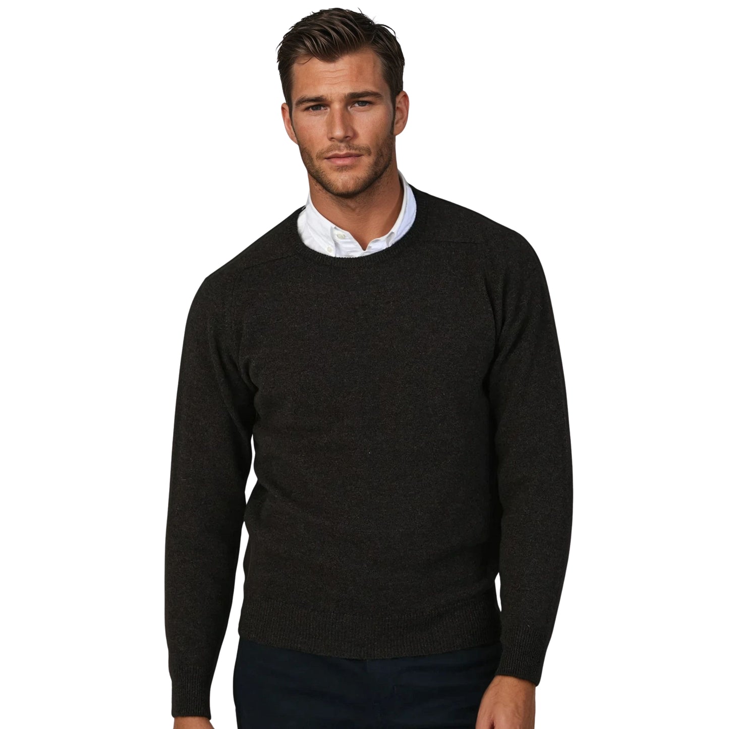 Men's Geelong LambswoolCrew Neck Sweater With Saddle Shoulder | Cocoa Brown