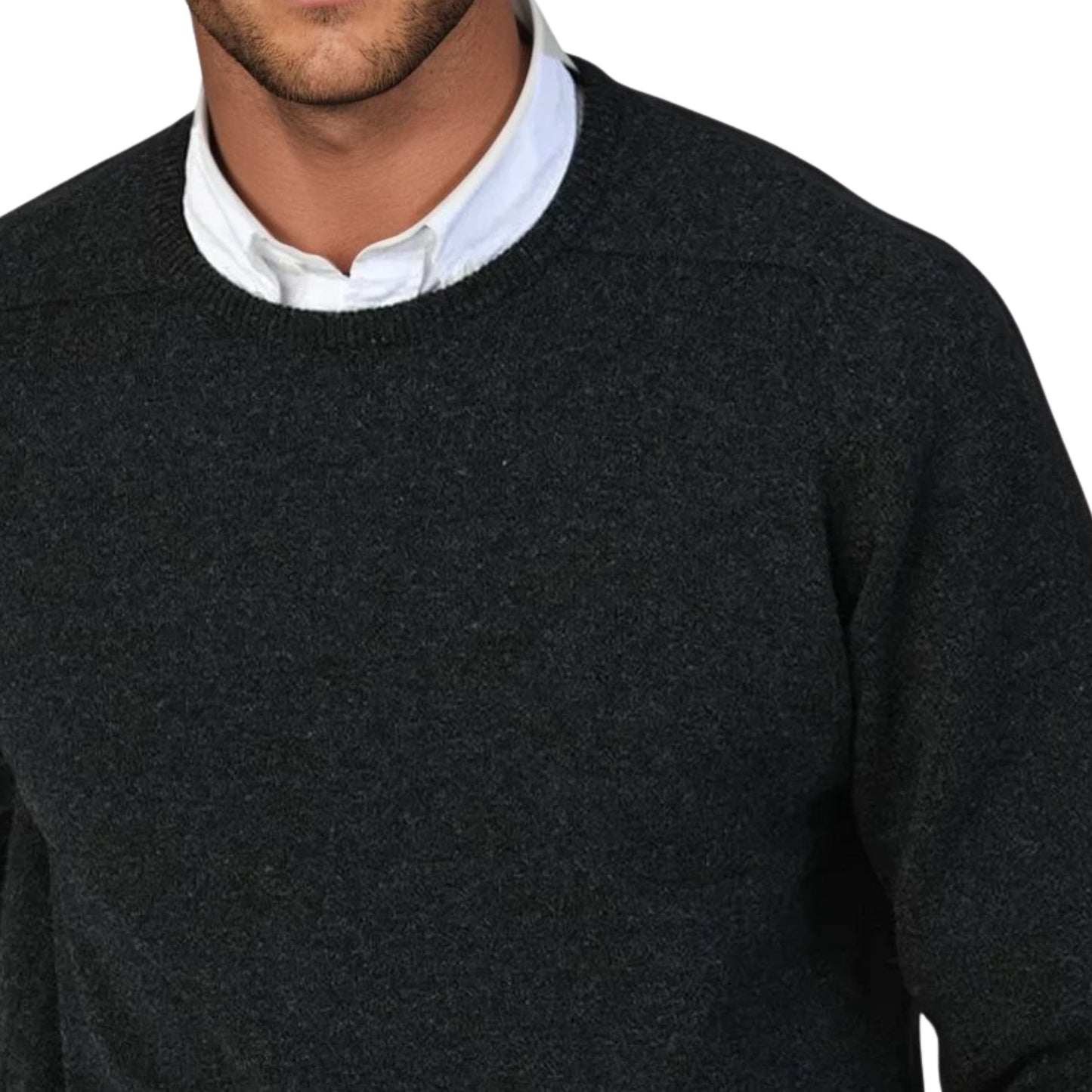 Men's Geelong LambswoolCrew Neck Sweater With Saddle Shoulder | Charcoal Grey