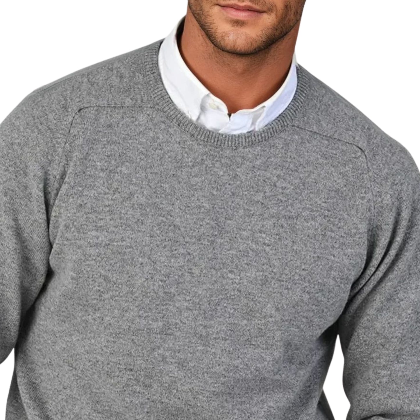 Men's Geelong LambswoolCrew Neck Sweater With Saddle Shoulder | Flannel Grey