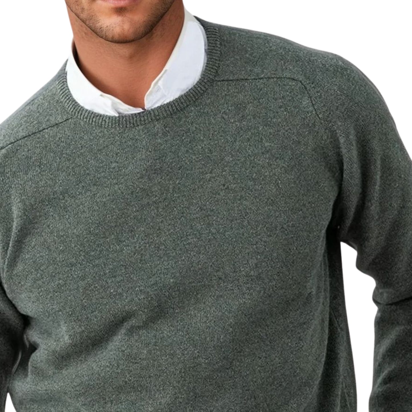 Men's Geelong LambswoolCrew Neck Sweater With Saddle Shoulder | Landscape Green