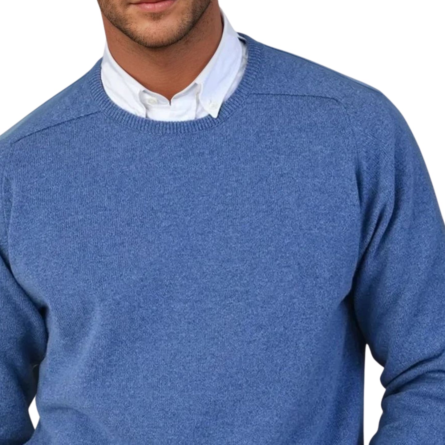 Men's Geelong LambswoolCrew Neck Sweater With Saddle Shoulder | Jeans Blue