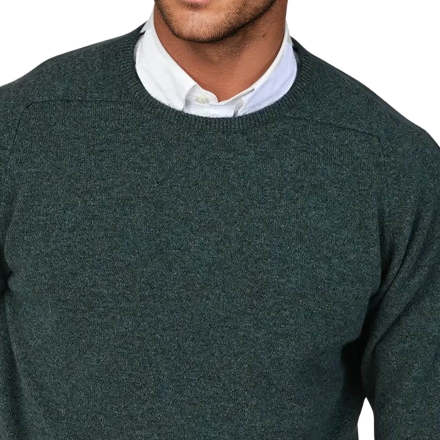 Men's Geelong LambswoolCrew Neck Sweater With Saddle Shoulder | Moorland Green