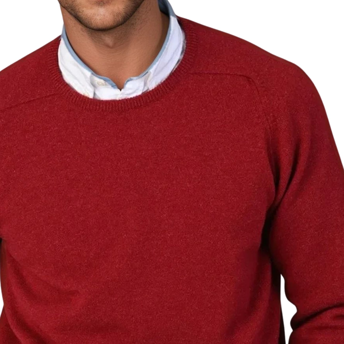 Men's Geelong LambswoolCrew Neck Sweater With Saddle Shoulder | Poppy Red Mélange