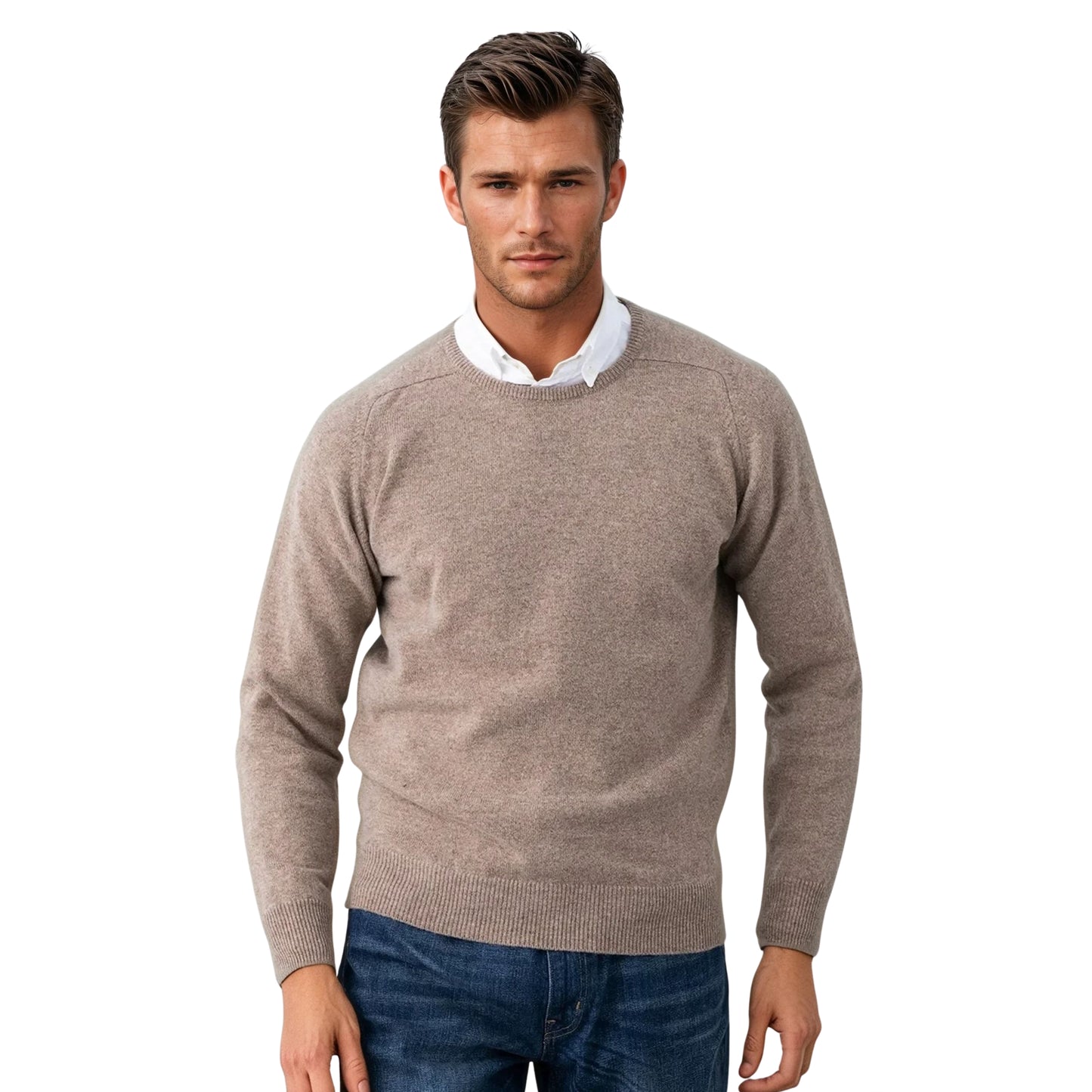 Men's Geelong LambswoolCrew Neck Sweater With Saddle Shoulder | Colt Beige