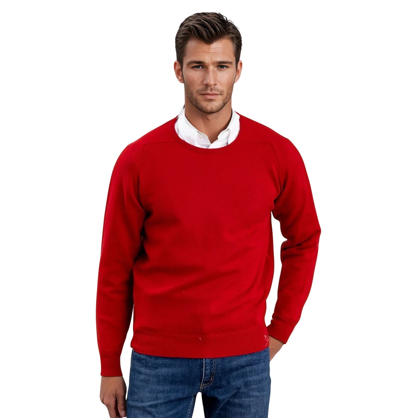Men's Geelong LambswoolCrew Neck Sweater With Saddle Shoulder | Dubonnet Red