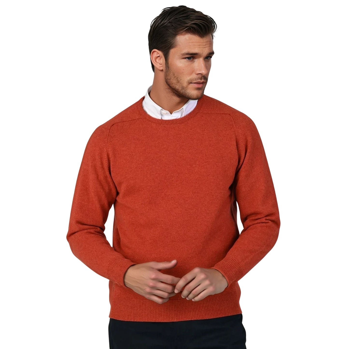 Men's Geelong LambswoolCrew Neck Sweater With Saddle Shoulder | Ember Orange