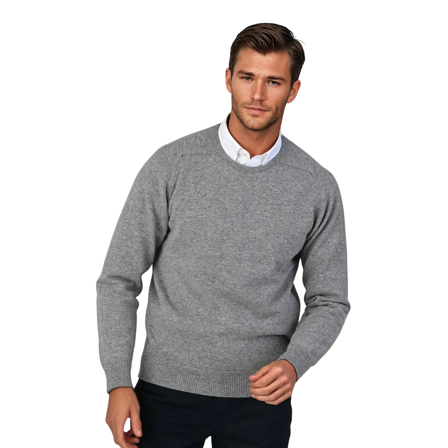 Men's Geelong LambswoolCrew Neck Sweater With Saddle Shoulder | Flannel Grey