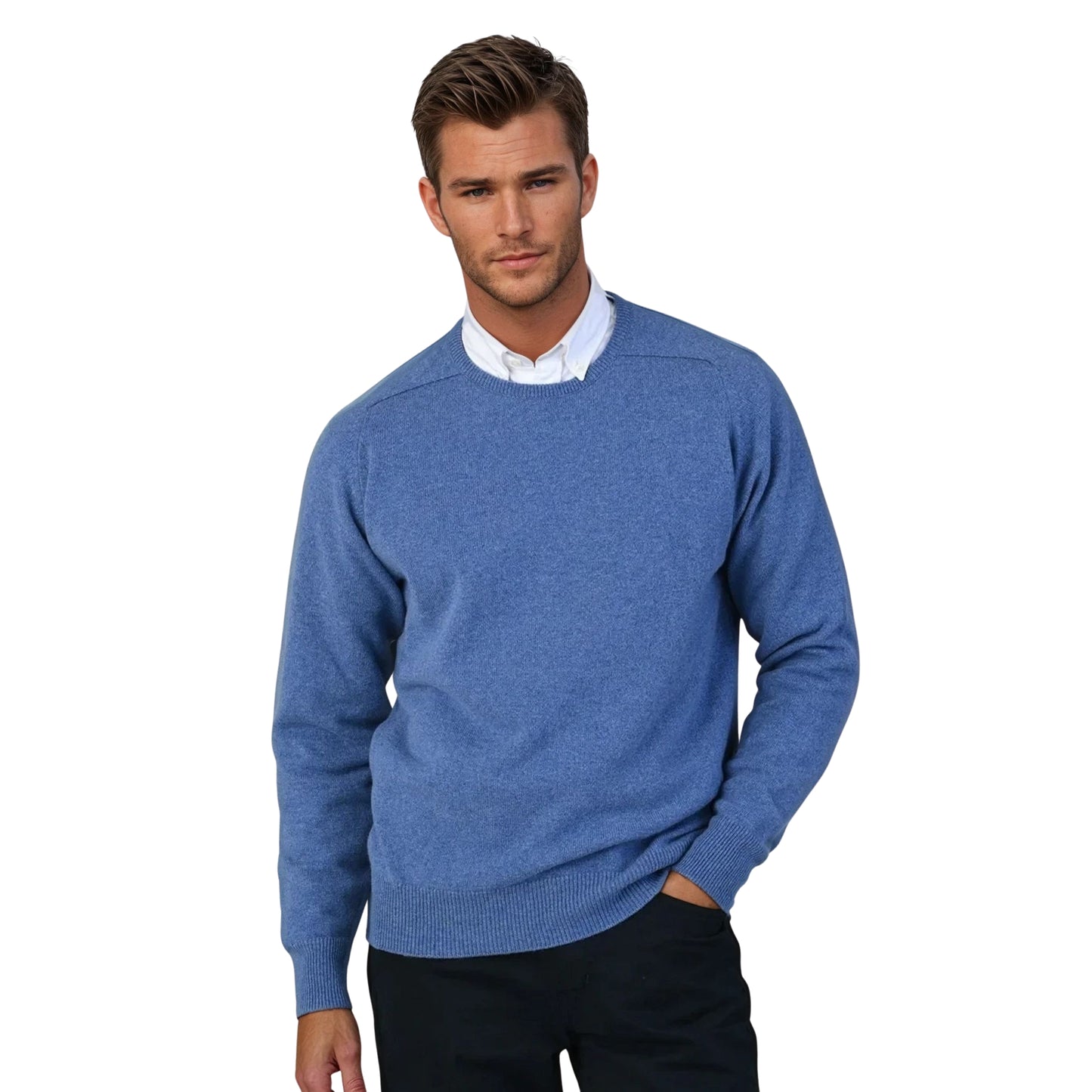 Men's Geelong LambswoolCrew Neck Sweater With Saddle Shoulder | Jeans Blue