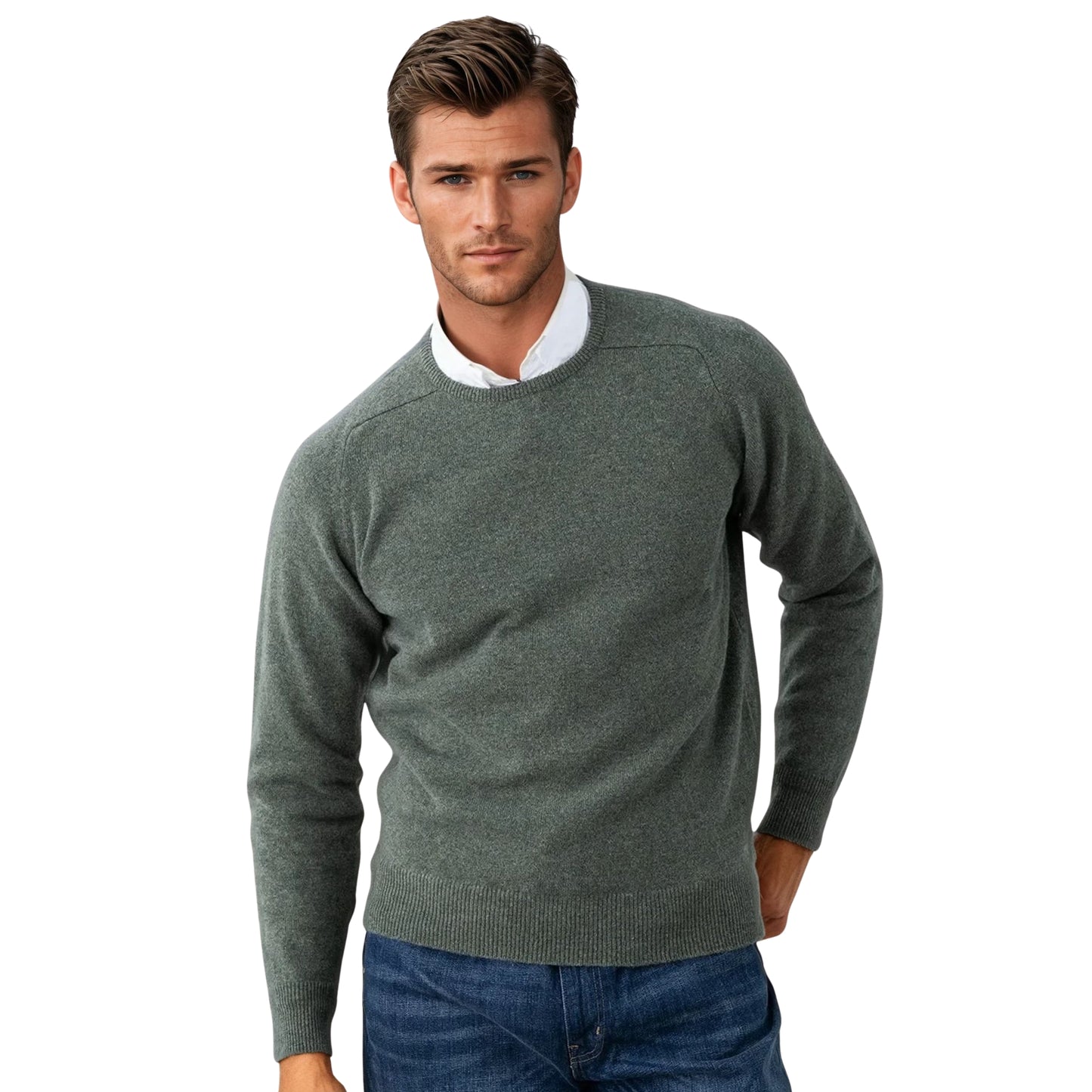 Men's Geelong LambswoolCrew Neck Sweater With Saddle Shoulder | Landscape Green