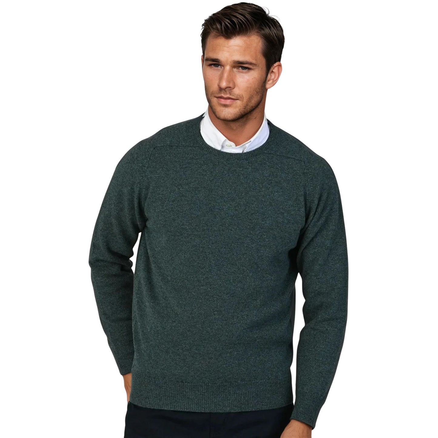 Men's Geelong LambswoolCrew Neck Sweater With Saddle Shoulder | Moorland Green