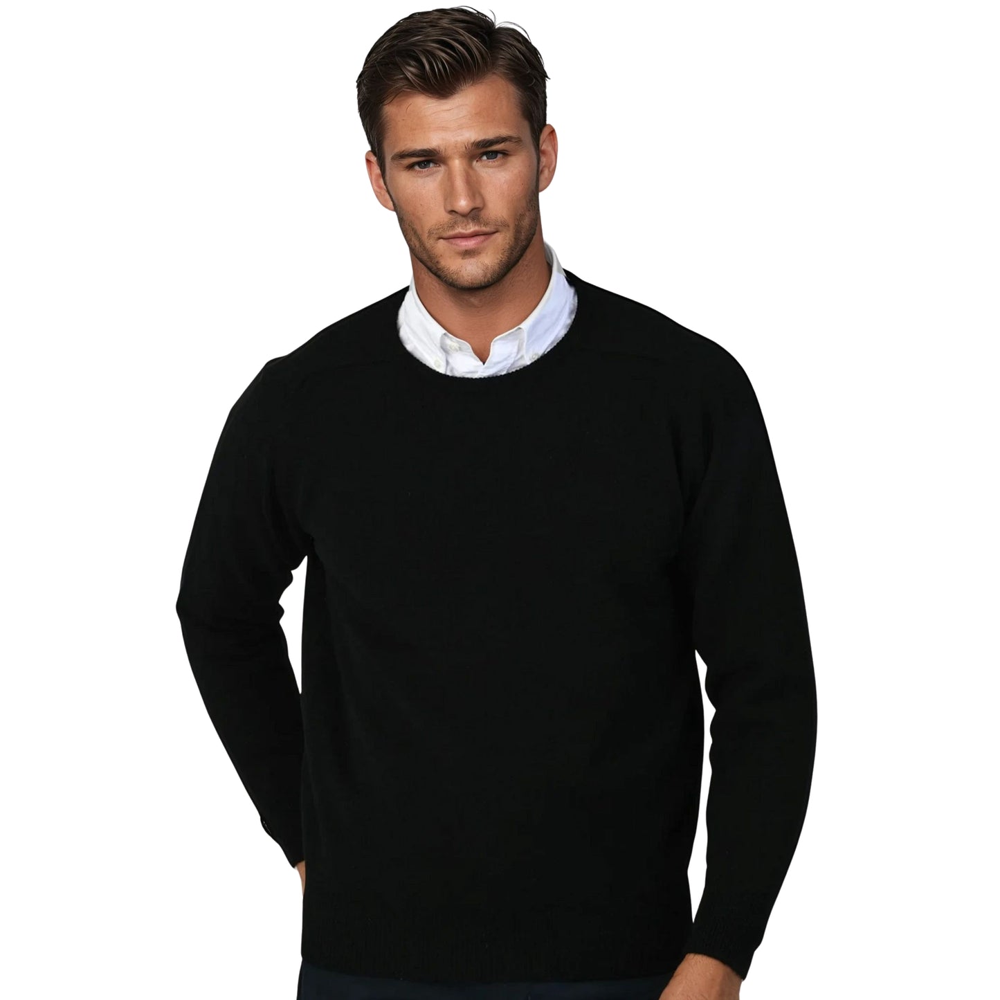 Men's Geelong LambswoolCrew Neck Sweater With Saddle Shoulder | Navy Blue