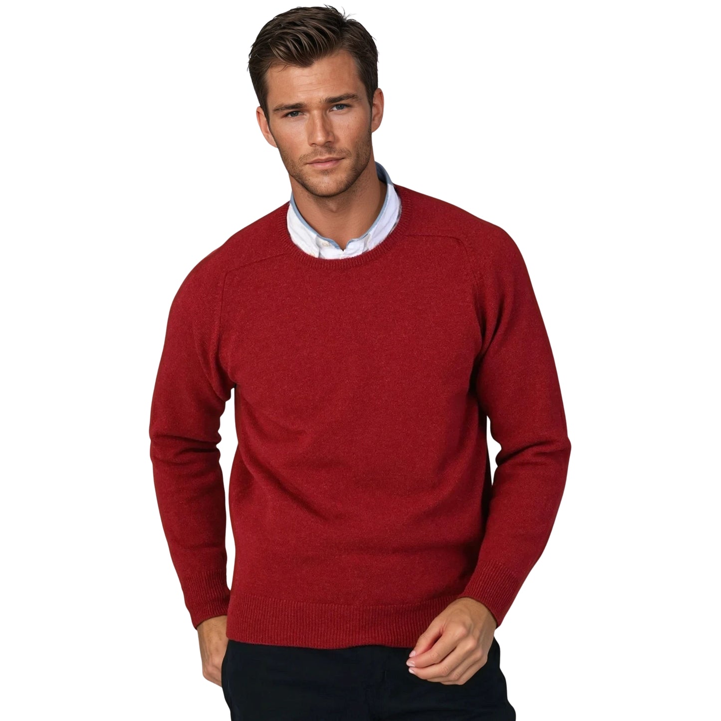 Men's Geelong LambswoolCrew Neck Sweater With Saddle Shoulder | Poppy Red Mélange