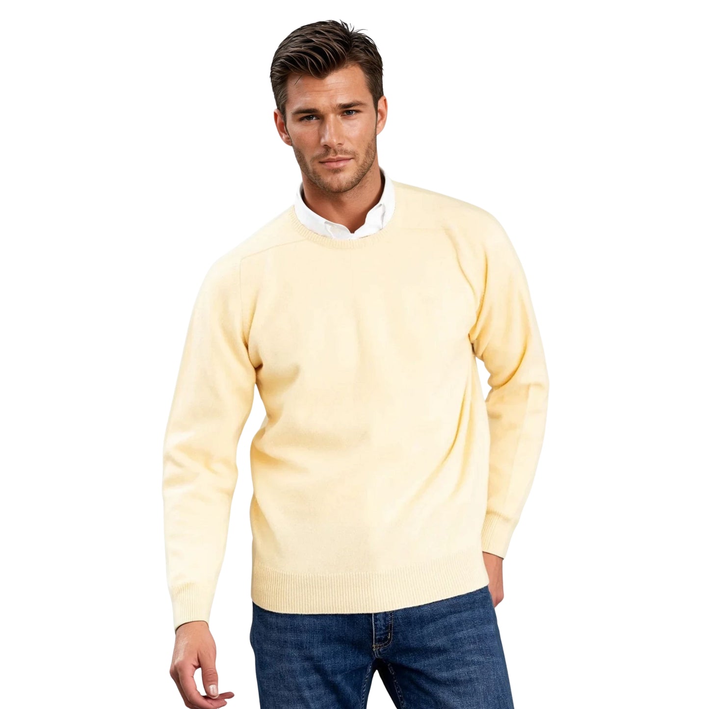Men's Geelong LambswoolCrew Neck Sweater With Saddle Shoulder | Solar Yellow