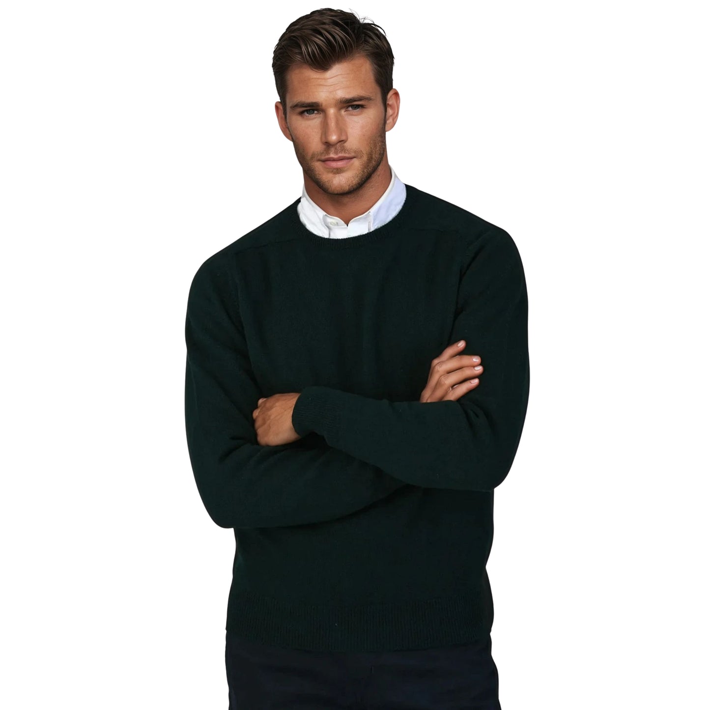 Men's Geelong LambswoolCrew Neck Sweater With Saddle Shoulder | Tartan Green