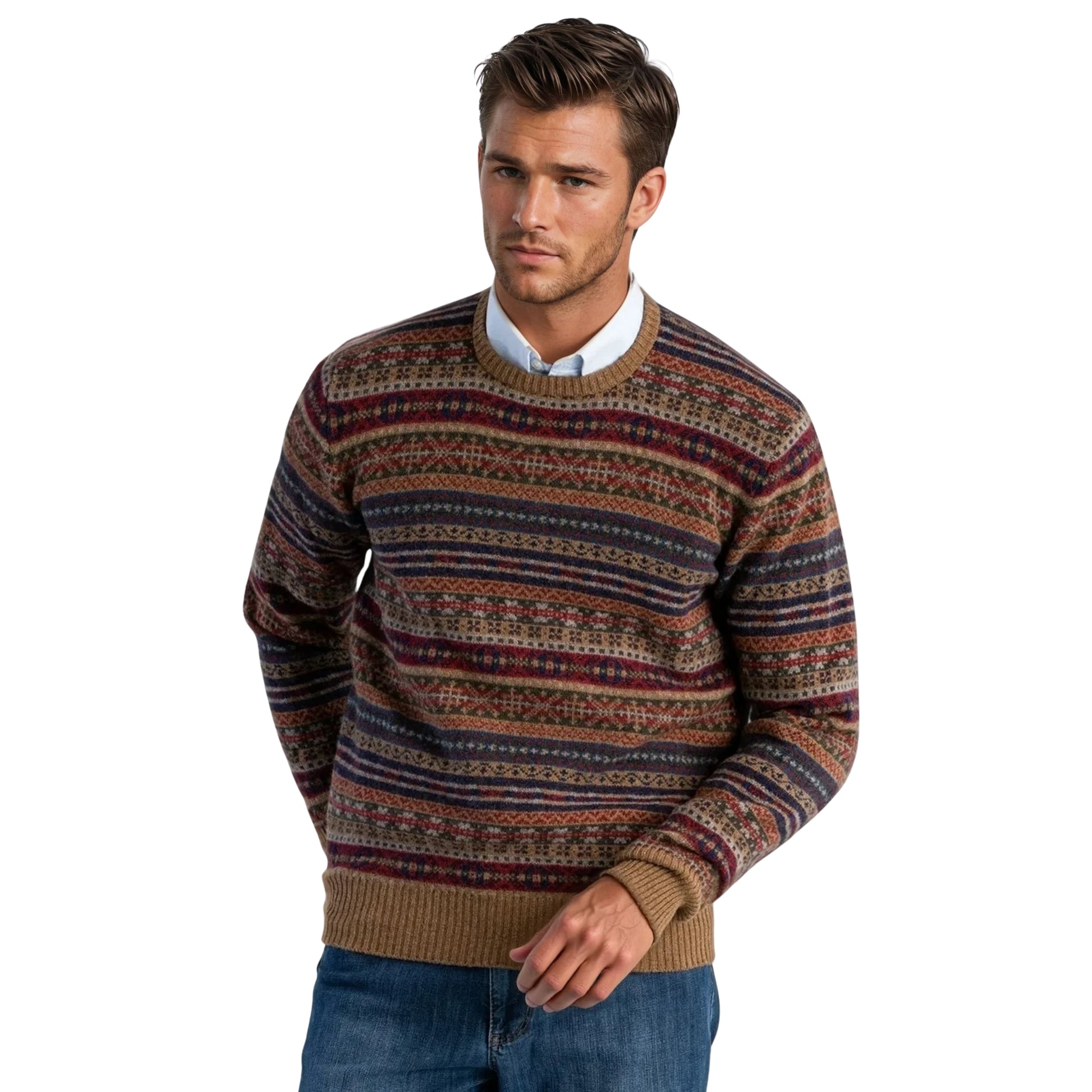 Men's Lambswool Fair Isle Crew Neck Sweater | Beige