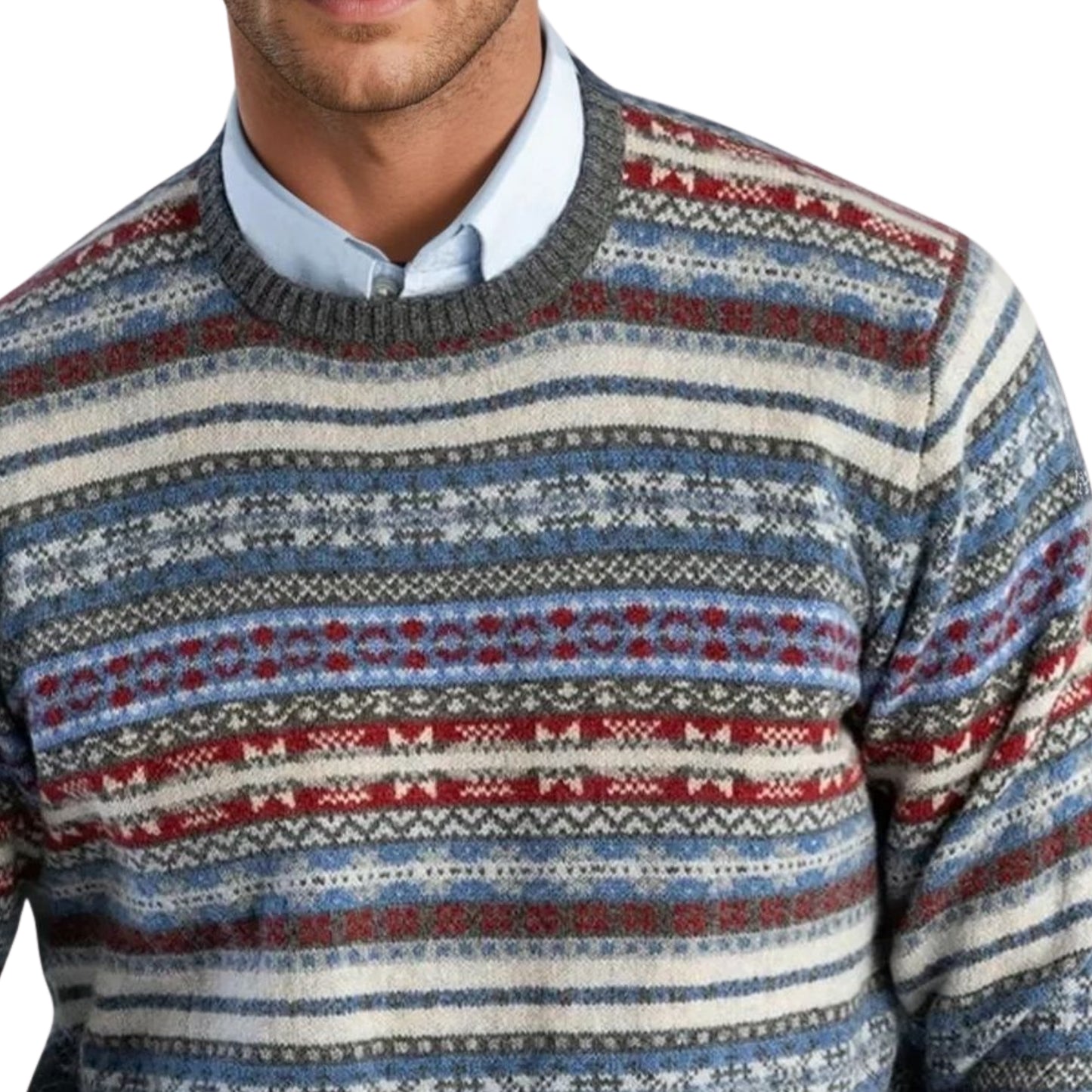 Men's Lambswool Fair Isle Crew Neck Sweater | Grey
