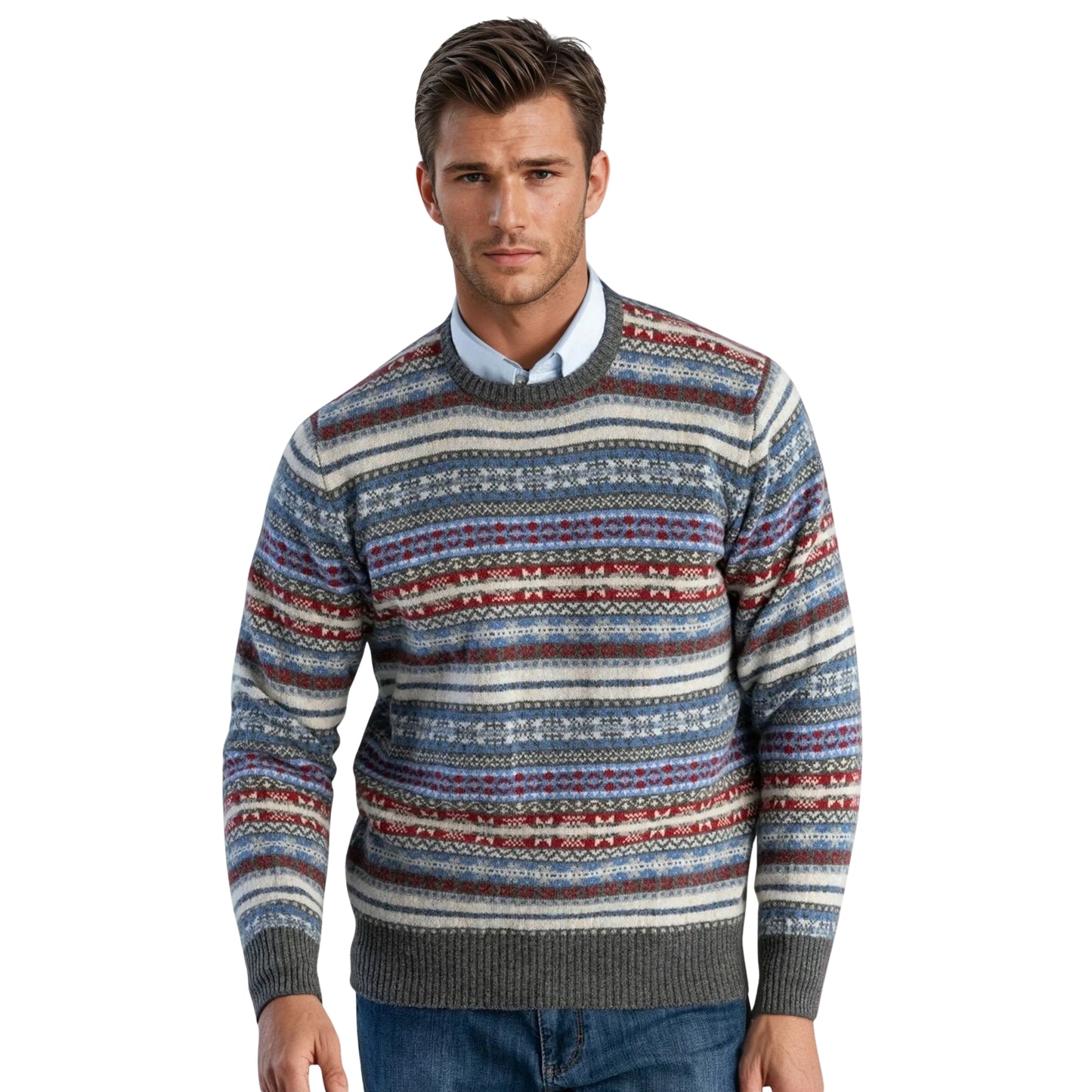 Men's Lambswool Fair Isle Crew Neck Sweater | Grey