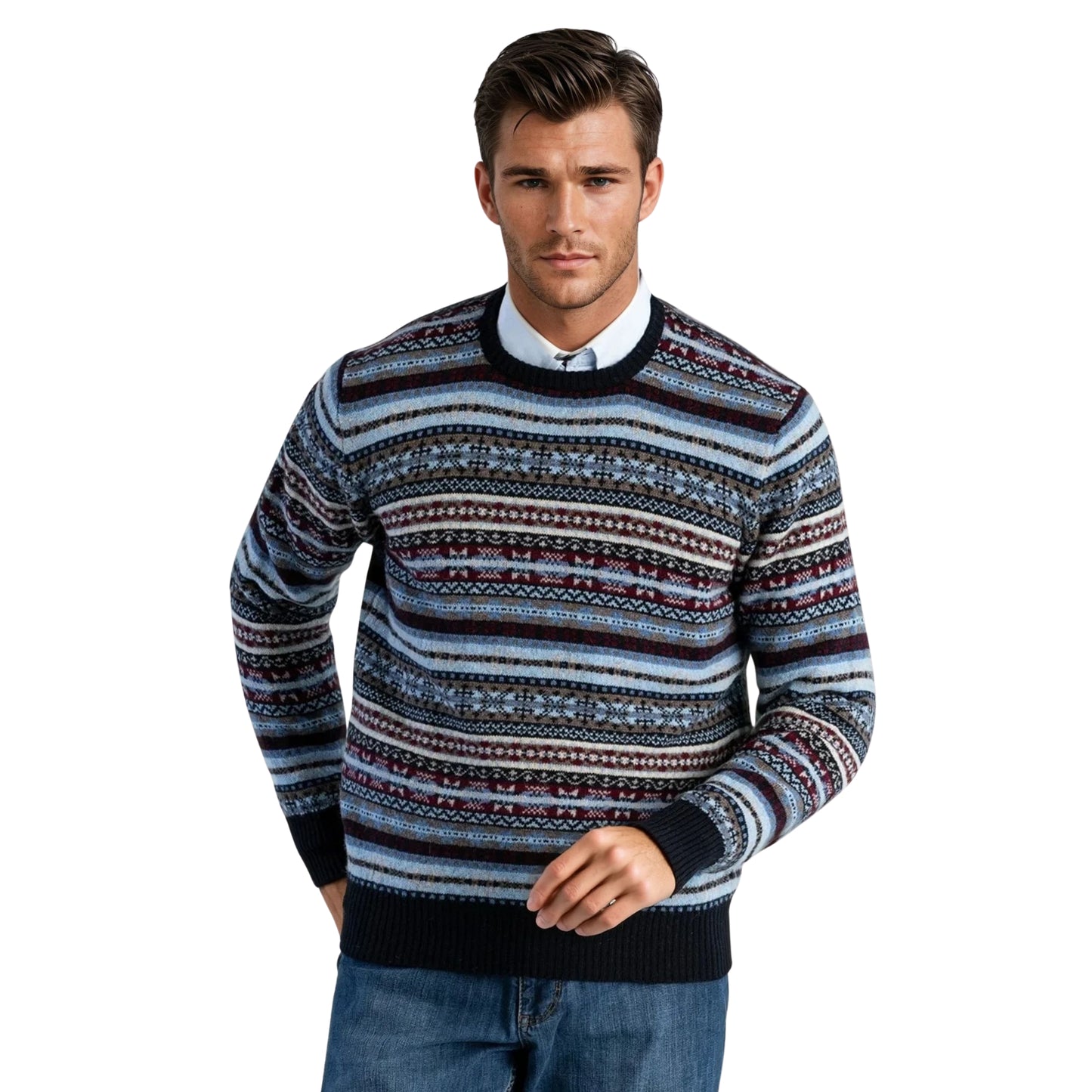 Men's Lambswool Fair Isle Crew Neck Sweater | Navy Blue