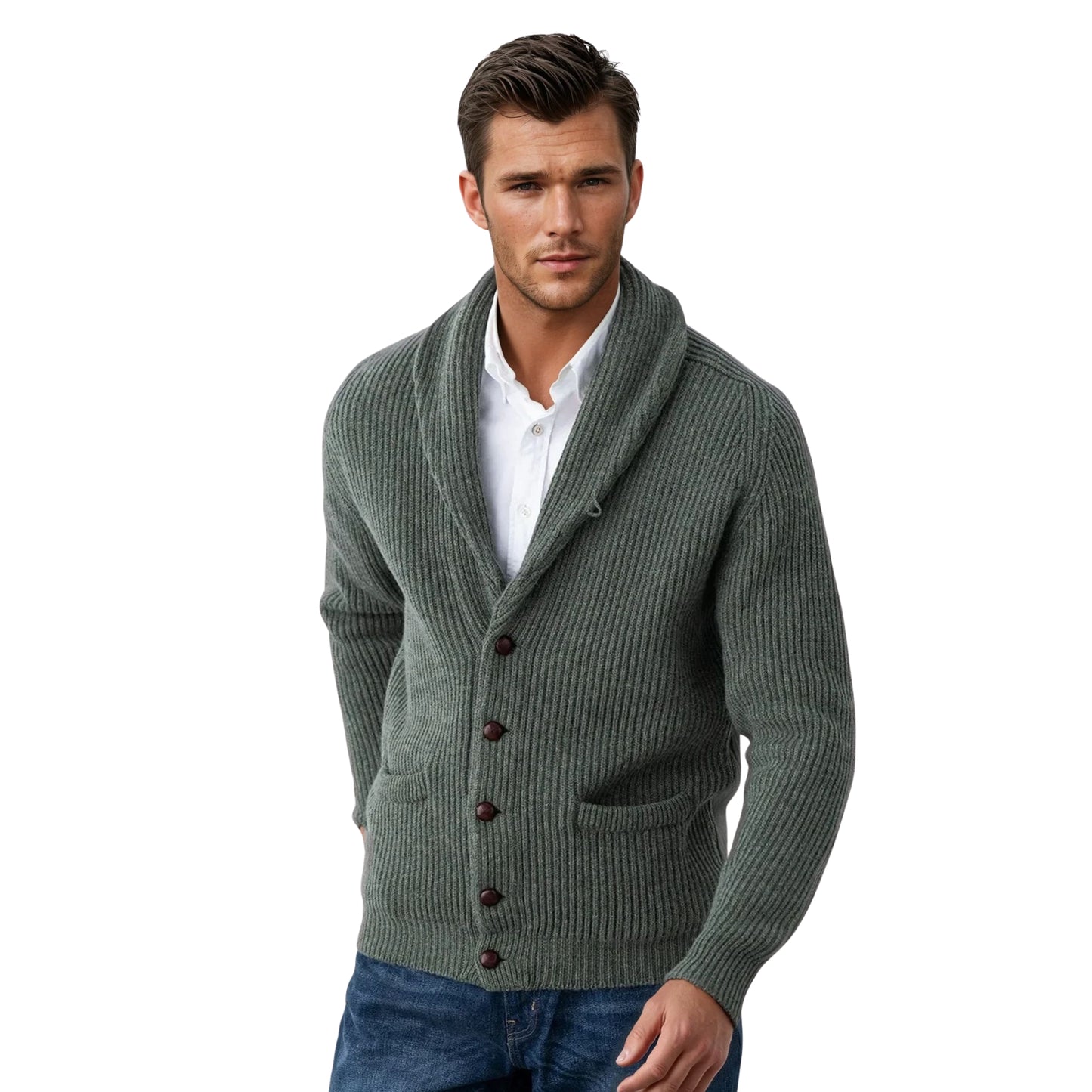 Men's Lambswool Shawl Collar Cardigan | Landscape Green