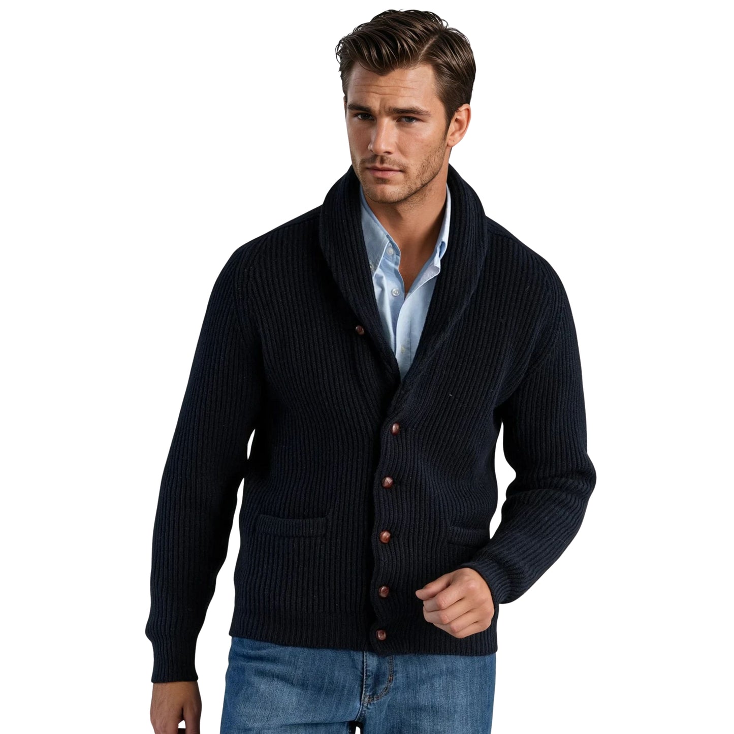 Men's Lambswool Shawl Collar Cardigan | Navy Blue