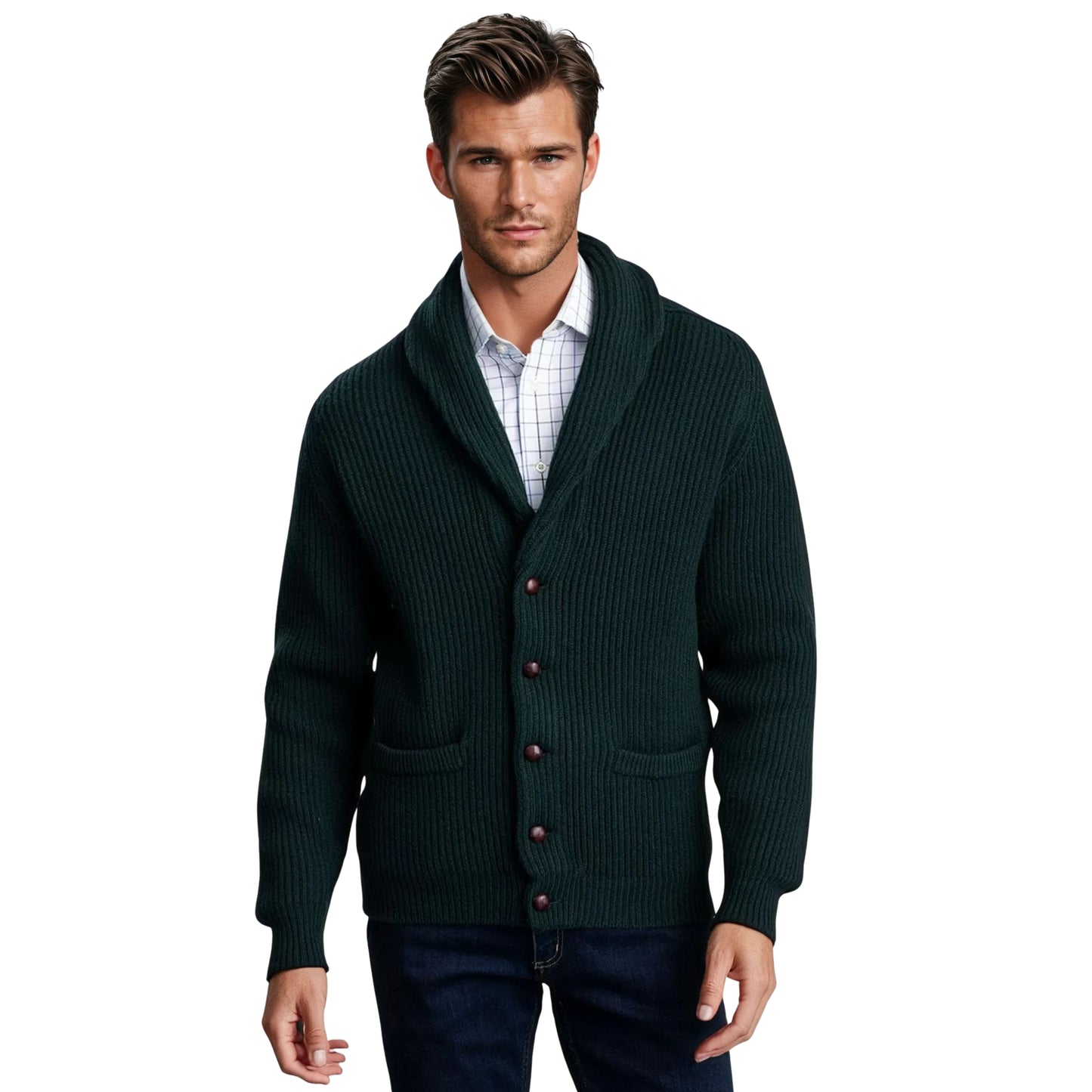 Men's Lambswool Shawl Collar Cardigan | Tartan Green