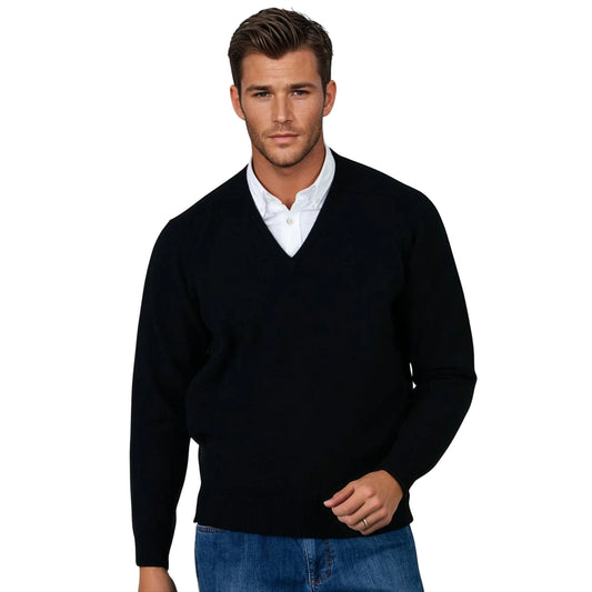 Men's Geelong Lambswool V-Neck Sweater With Saddle Shoulder | Black