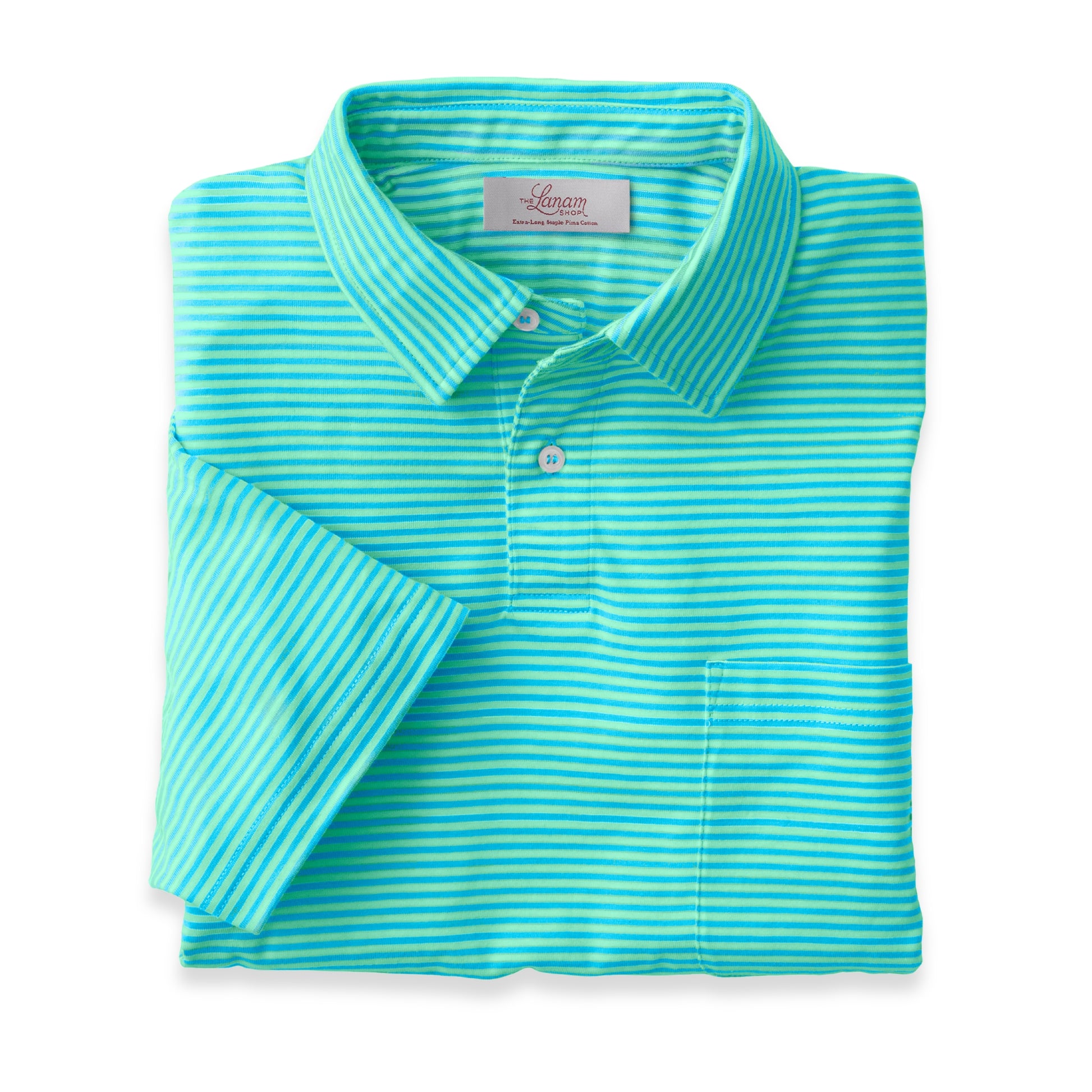 Men's Pima Cotton Jersey Striped Polo Shirt With Sefl-Collar and Pocket | Coastal Blue and Lime Green