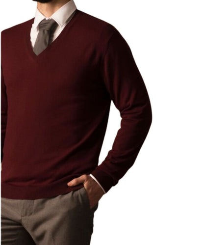 Men's Pure Vicuña V-Neck Sweater in Wine