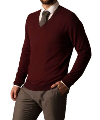 Men's Pure Vicuña V-Neck Sweater in Wine