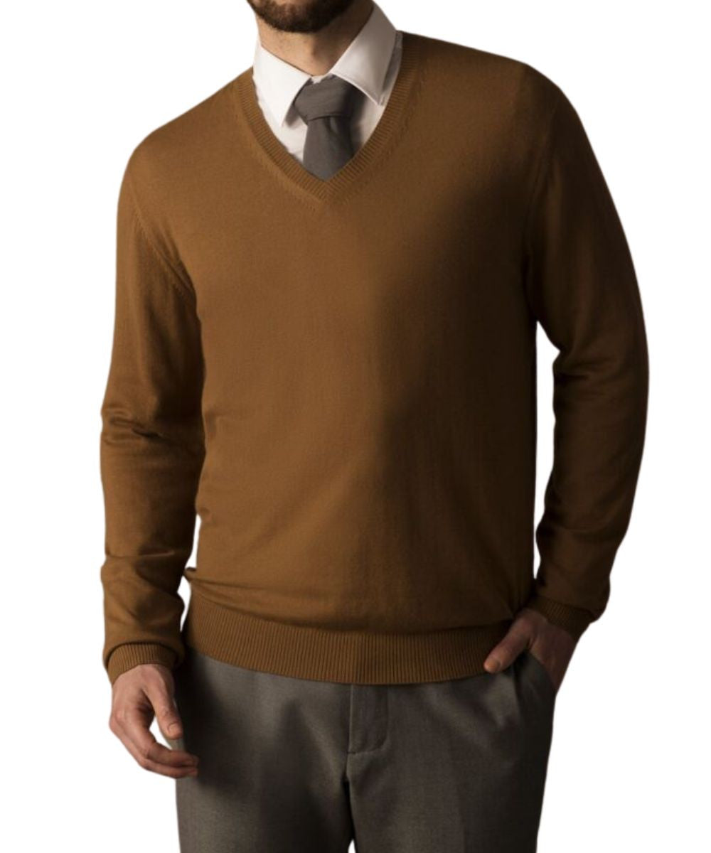 Men's Pure Vicuña V-Neck Sweater in Natural