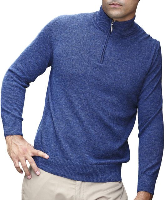Men's Royal Alpaca Quarter-Zip Sweater With Contrast Collar in Coastal