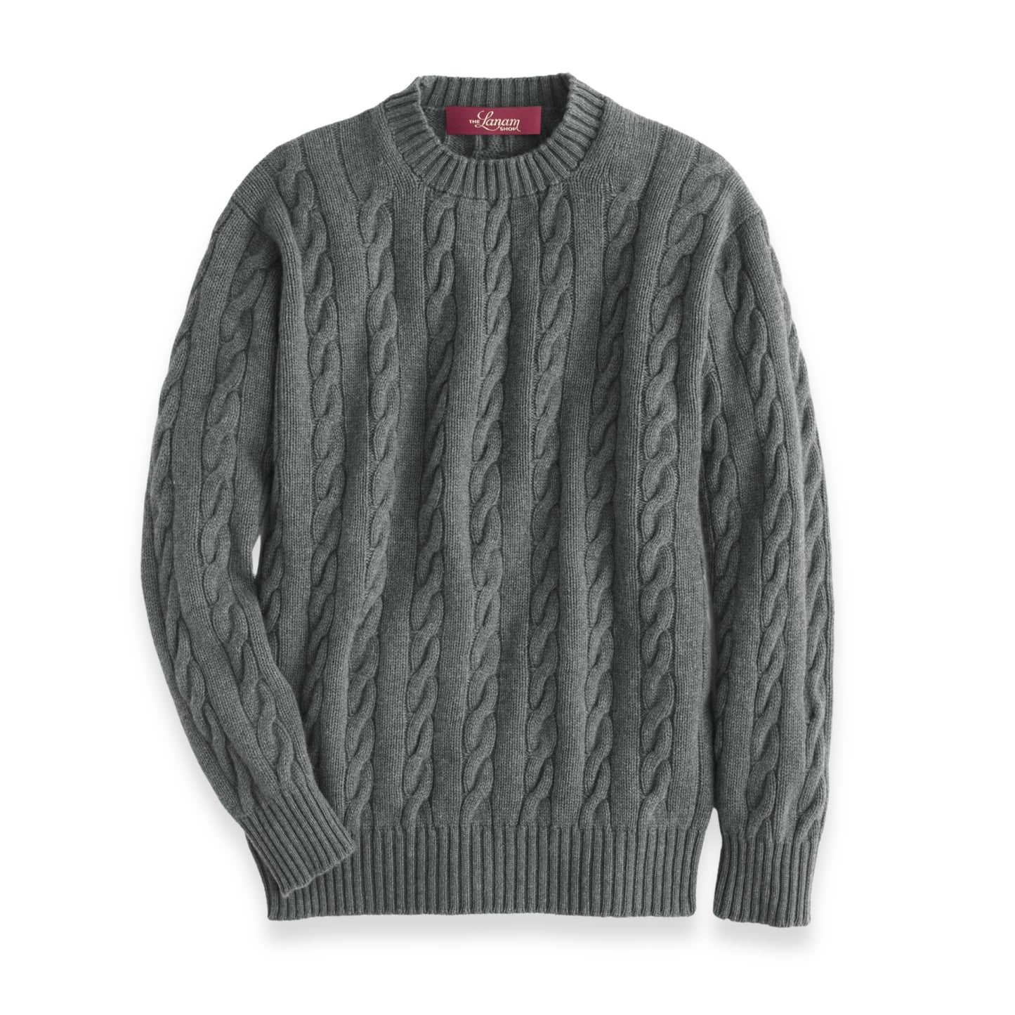 Men's Shetland Wool Cable Knit Crew Neck Sweater | Medium Grey