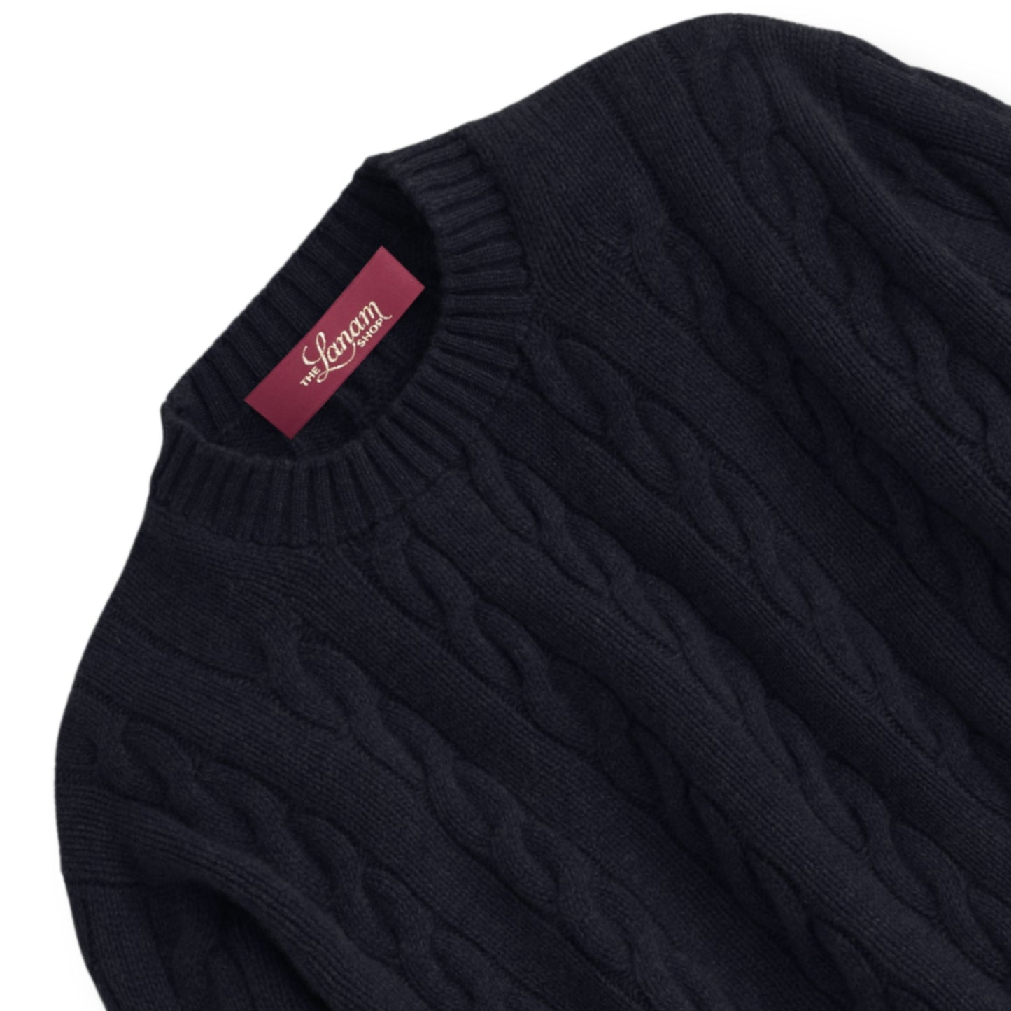 Men's Shetland Wool Cable Knit Crew Neck Sweater | Navy Blue