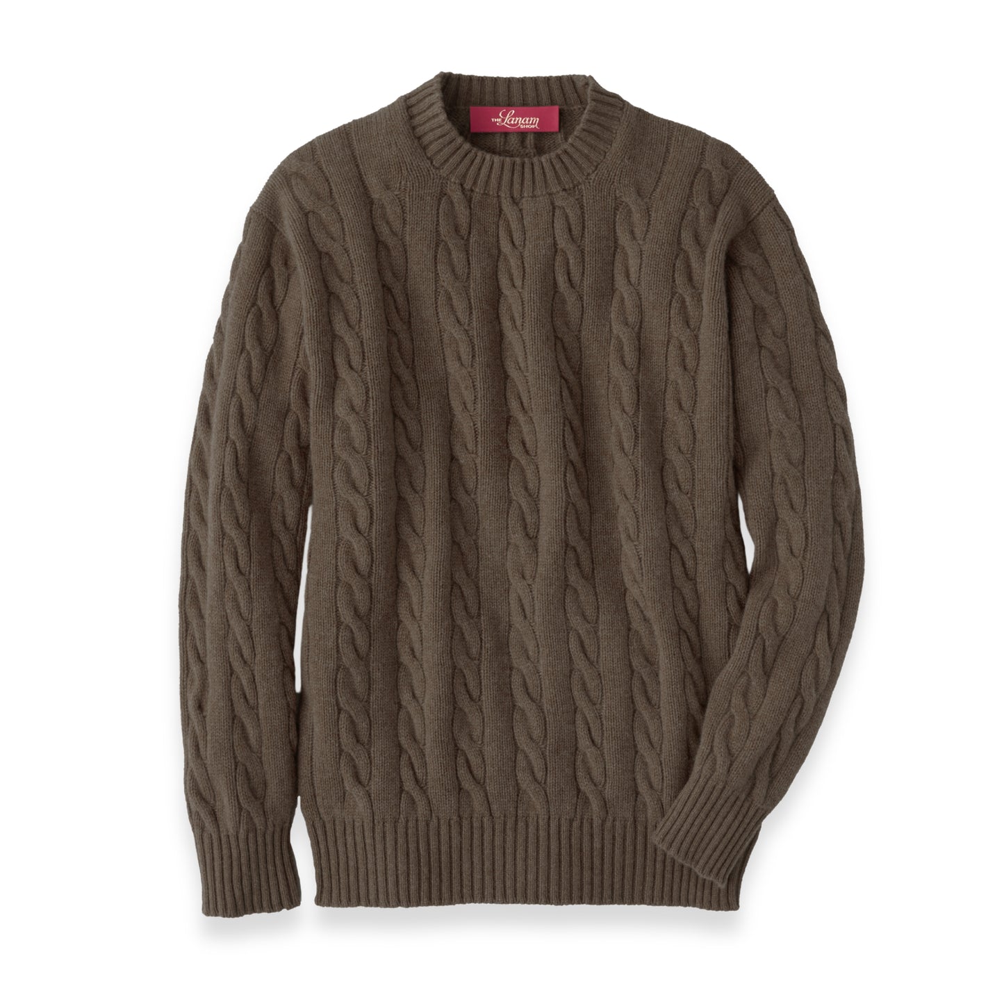 Men's Shetland Wool Cable Knit Crew Neck Sweater | Nutmeg Brown